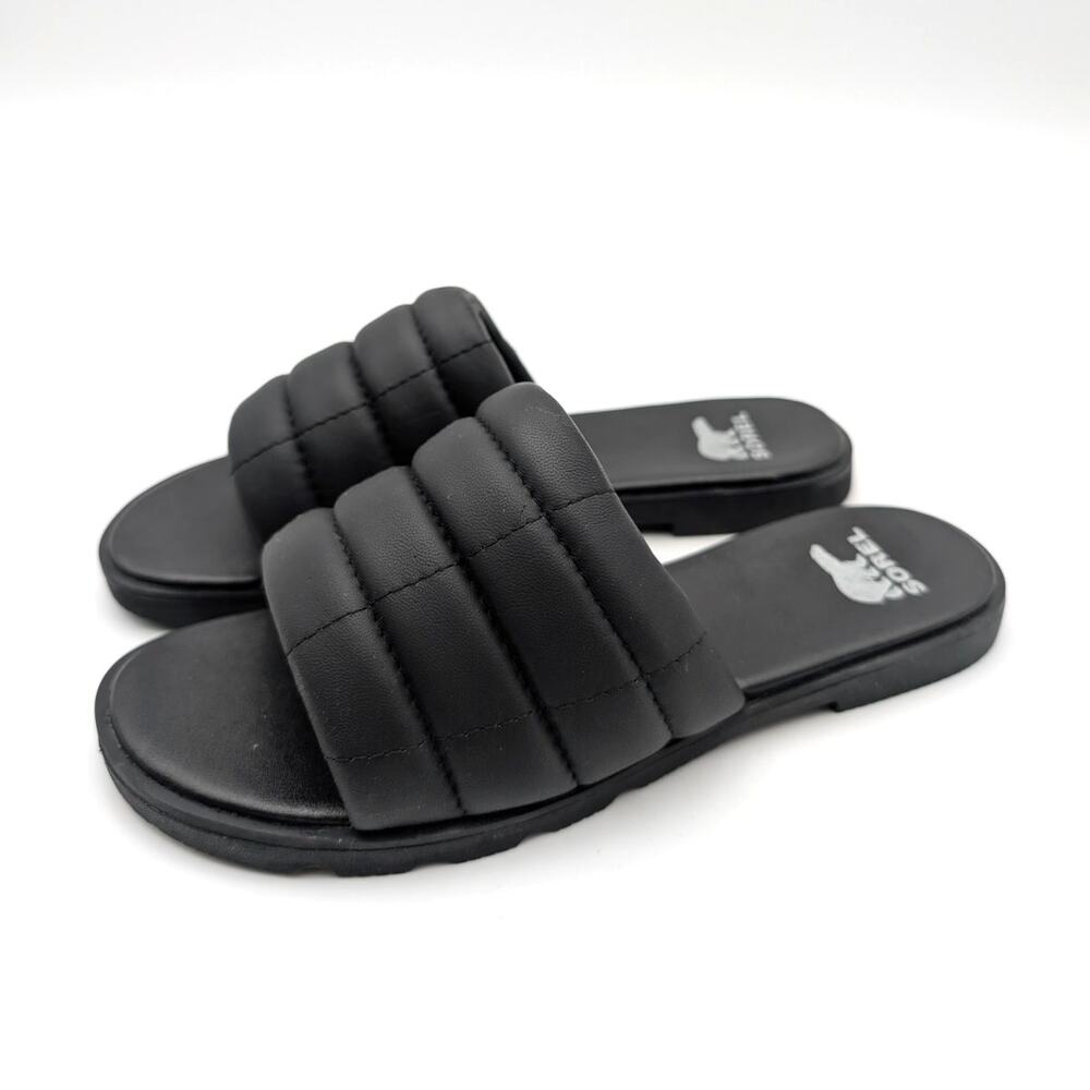 Sorel Ella III Quilted Puff Slide Sandals Open Toe Women's Black Size US6 EU37